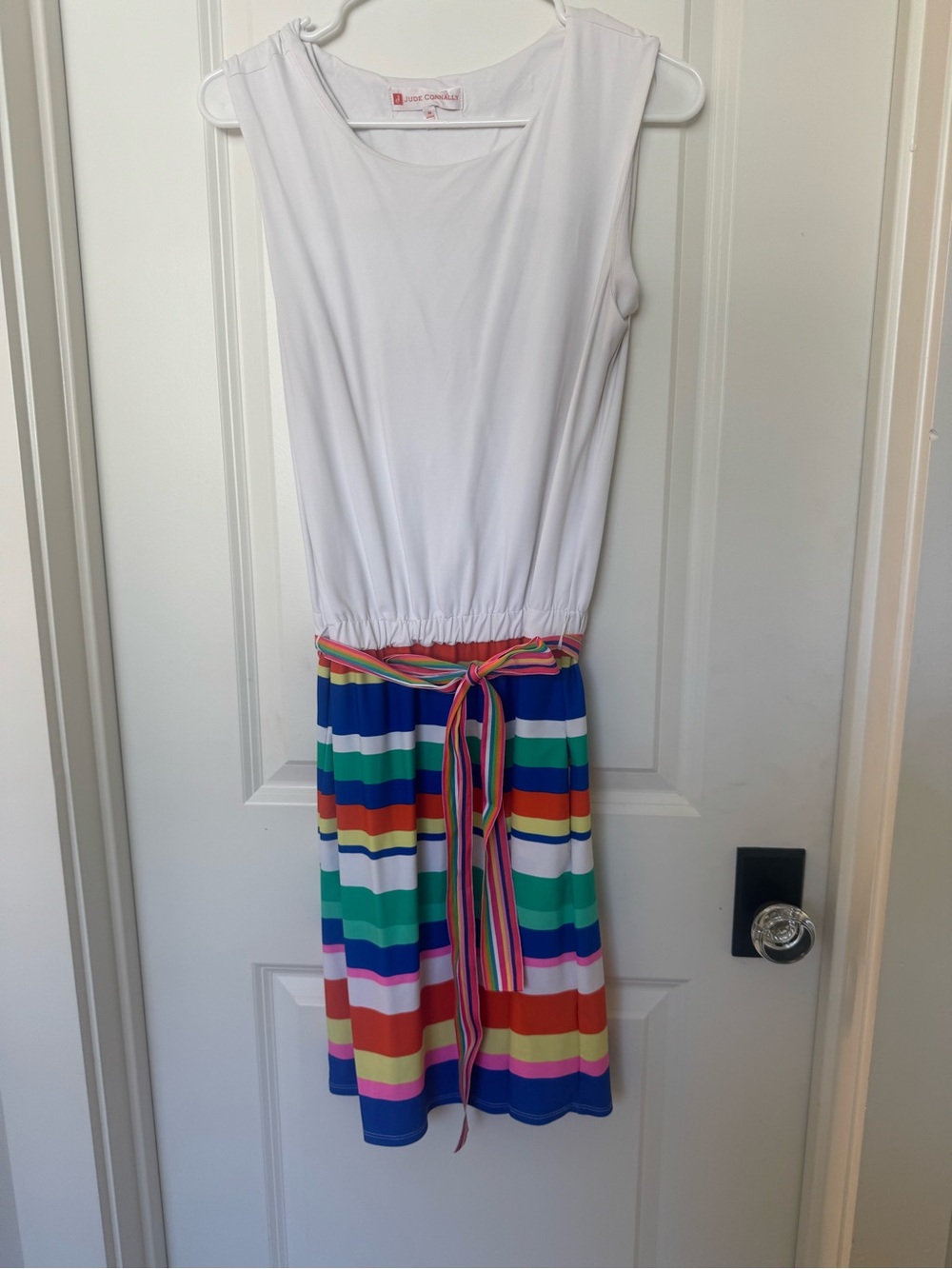 Jude Connally White Top with Multi-Color Striped Belted Mini Skirt
